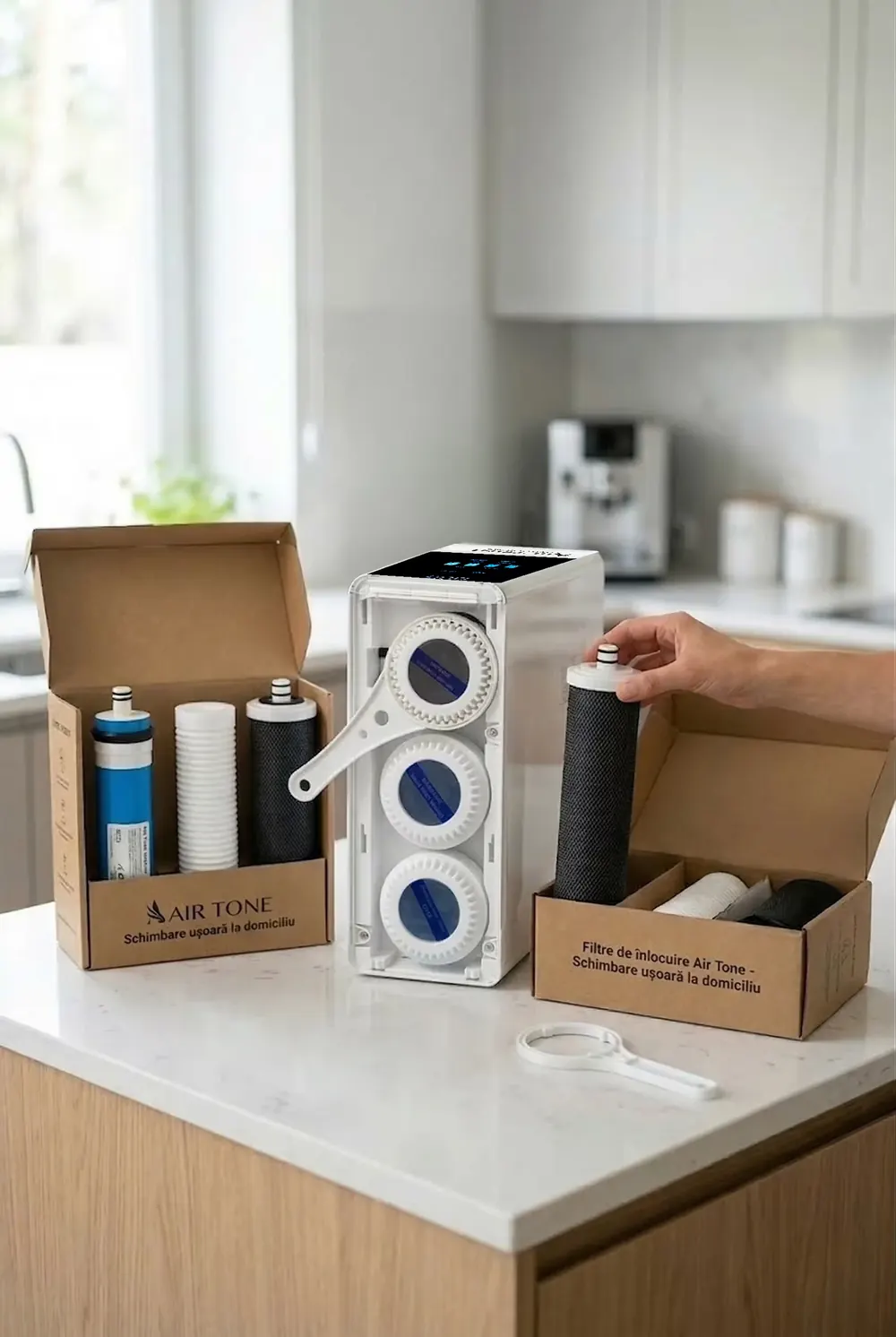 Cartușe de rezervă Air Tone Technology, despachetate pe blatul din bucătărie