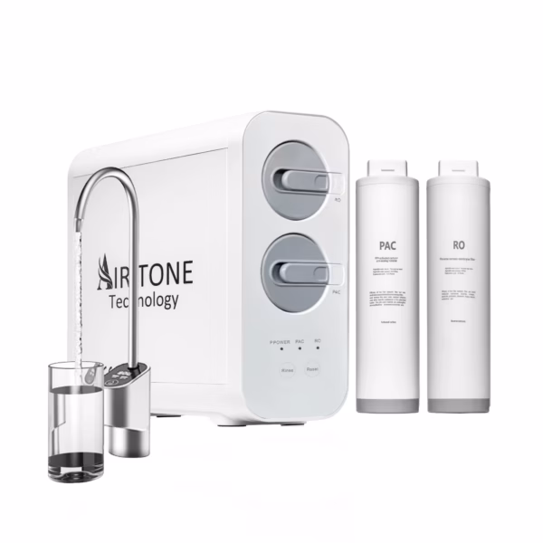 Filtru apa osmoza inversa direct flow Air Tone Technology 600GPD, Fara bazin (tankless), Sistem RO + PAC, display TDS, Raport 2:1 economie apa, Cartuse twist schimbare rapida, Purificator sub chiuveta, Culoare alb