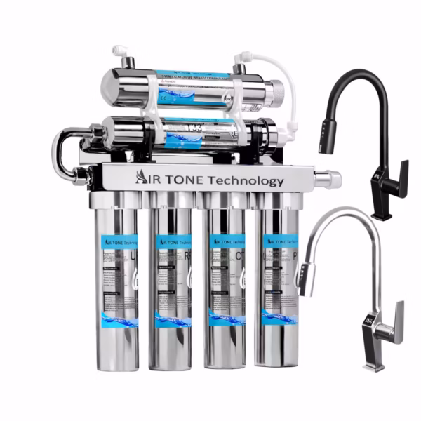 Filtru de apă Air Tone Technology, Inox, 5 stagii + Lampă UV-6W, 0.01 μm, cu baterie 3 căi & ecran LCD – accesorii incluse