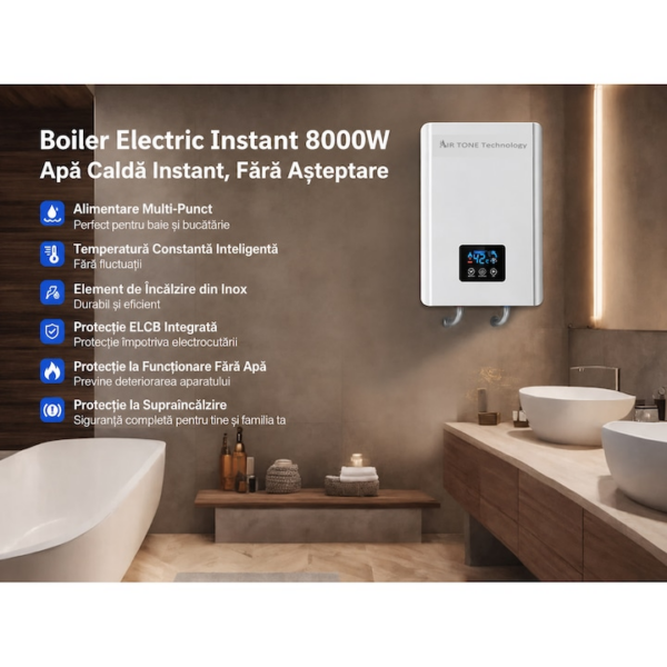 Boiler Electric Instant 8000W Air Tone Technology Q81, Apă Caldă Instant în 3 Secunde, Fără Rezervor, Control Touch, Protecție IPX4