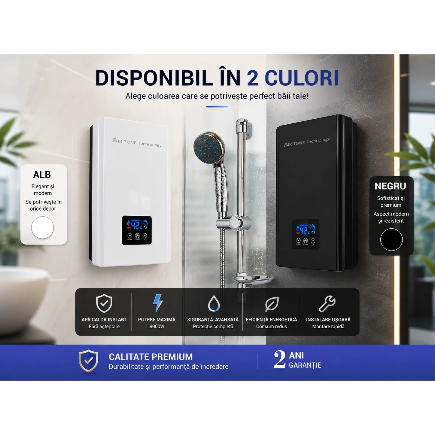 Boilerul Q81 in cele doua culori disponibile, alb si negru, montat pe perete langa dus