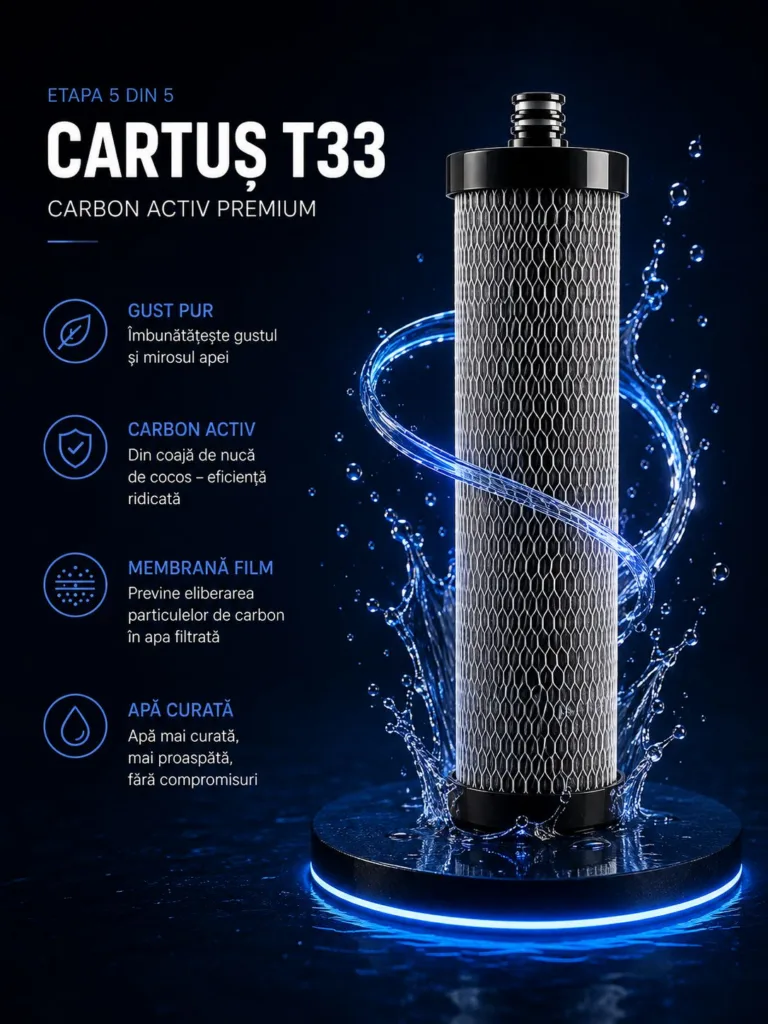 Cartuș T33 post-carbon din coajă de nucă de cocos, plansa cu beneficii